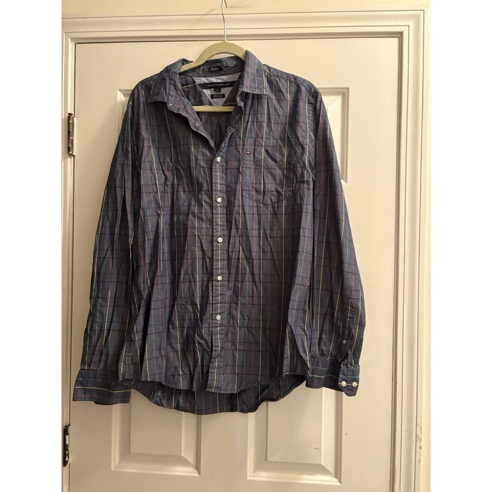Tommy Hilfiger Custom Fit Button Down Gray Blue Plaid Shirt Size Large 80s 2ply